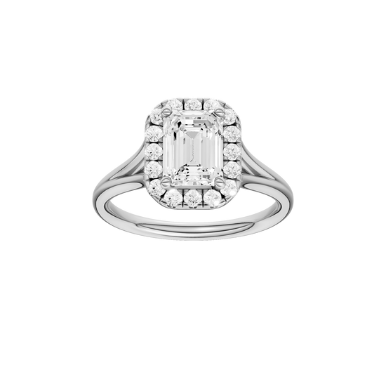 Emerald-cut diamond engagement ring with a plain band and halo setting.