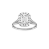 Emerald-cut diamond engagement ring with a plain band and halo setting.