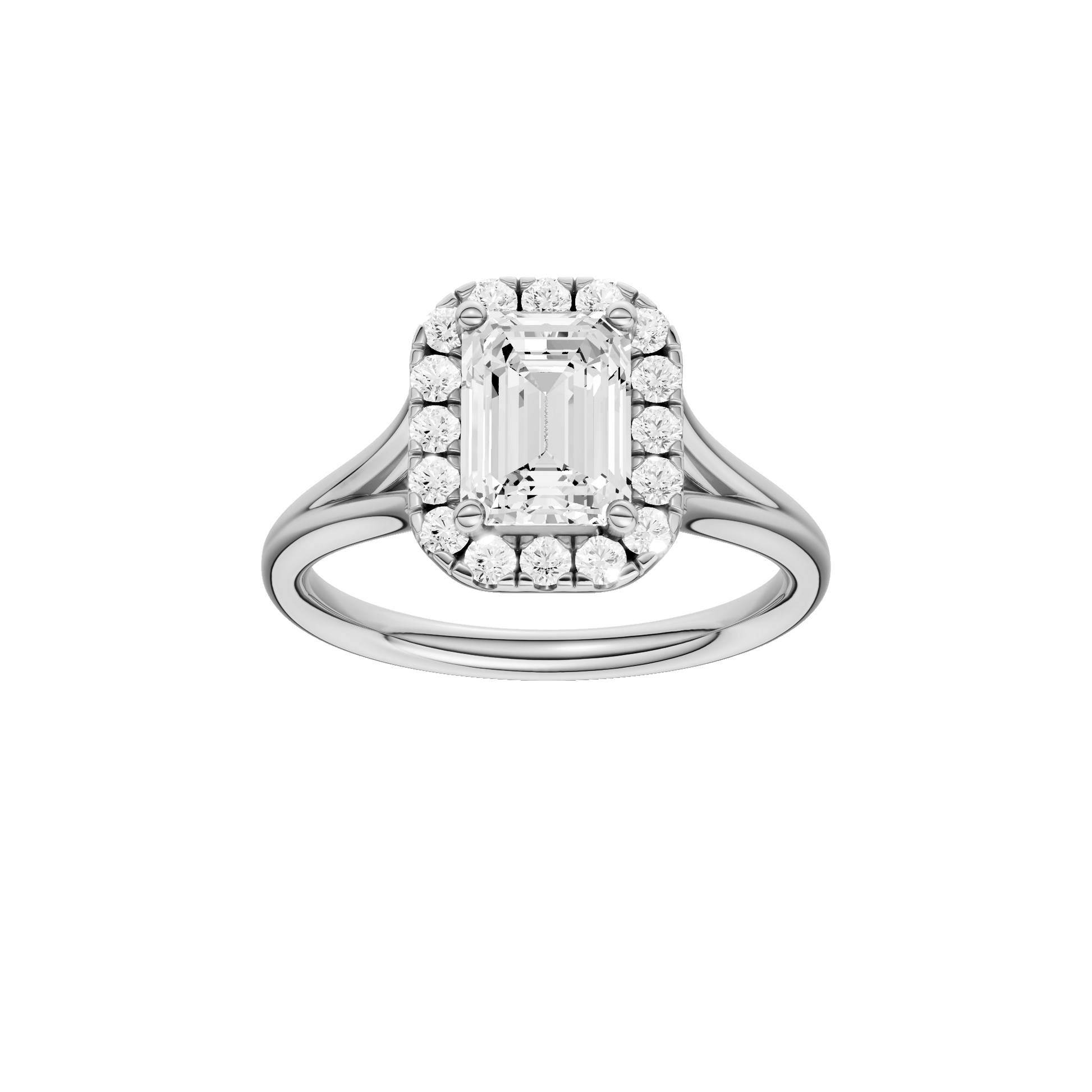 Emerald-cut diamond engagement ring with a plain band and halo setting.