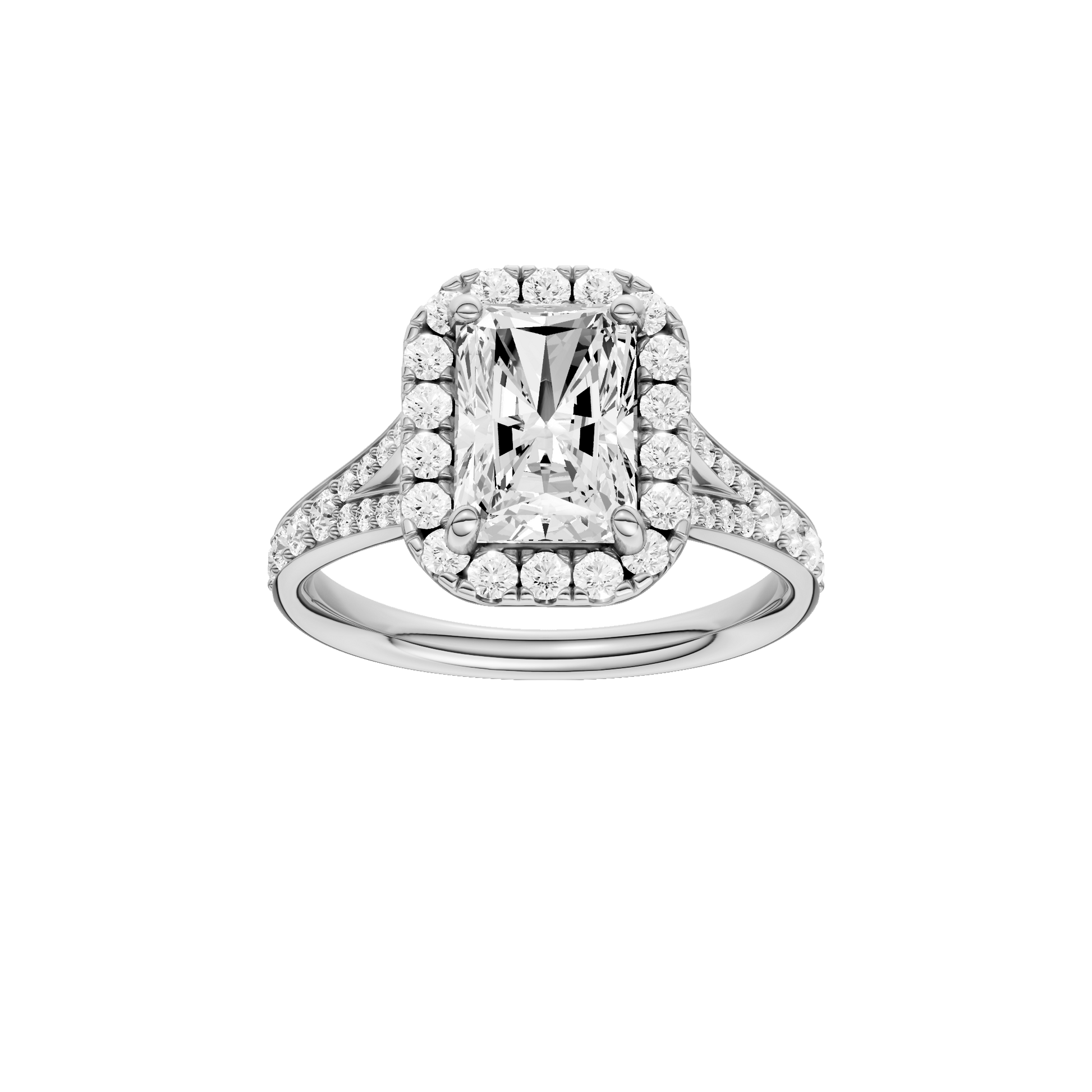 Radiant-cut diamond engagement ring with a channel-set diamond band and halo setting.