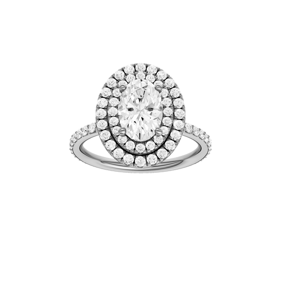 Oval-cut diamond engagement ring with a prong-set diamond band and double-halo setting.