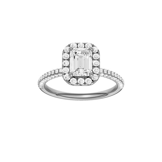 Emerald-cut diamond engagement ring with a pavé-set diamond band and halo setting.