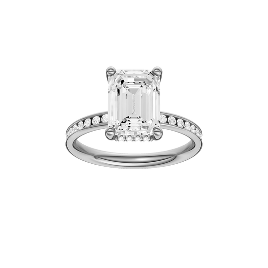 Emerald-cut diamond engagement ring with a channel-set diamond band and hidden-halo setting.
