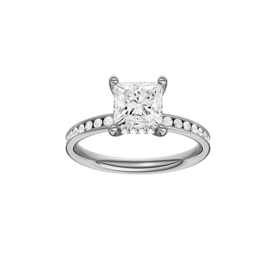 Princess-cut diamond engagement ring with a channel-set diamond band and hidden-halo setting.