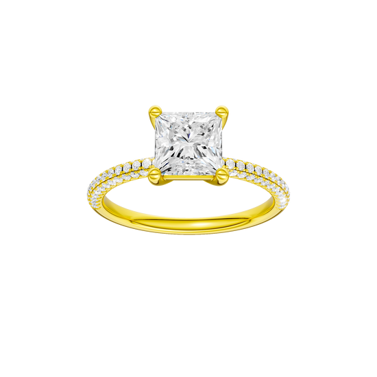 Princess-cut diamond engagement ring with a pavé-set diamond band and solitaire setting.