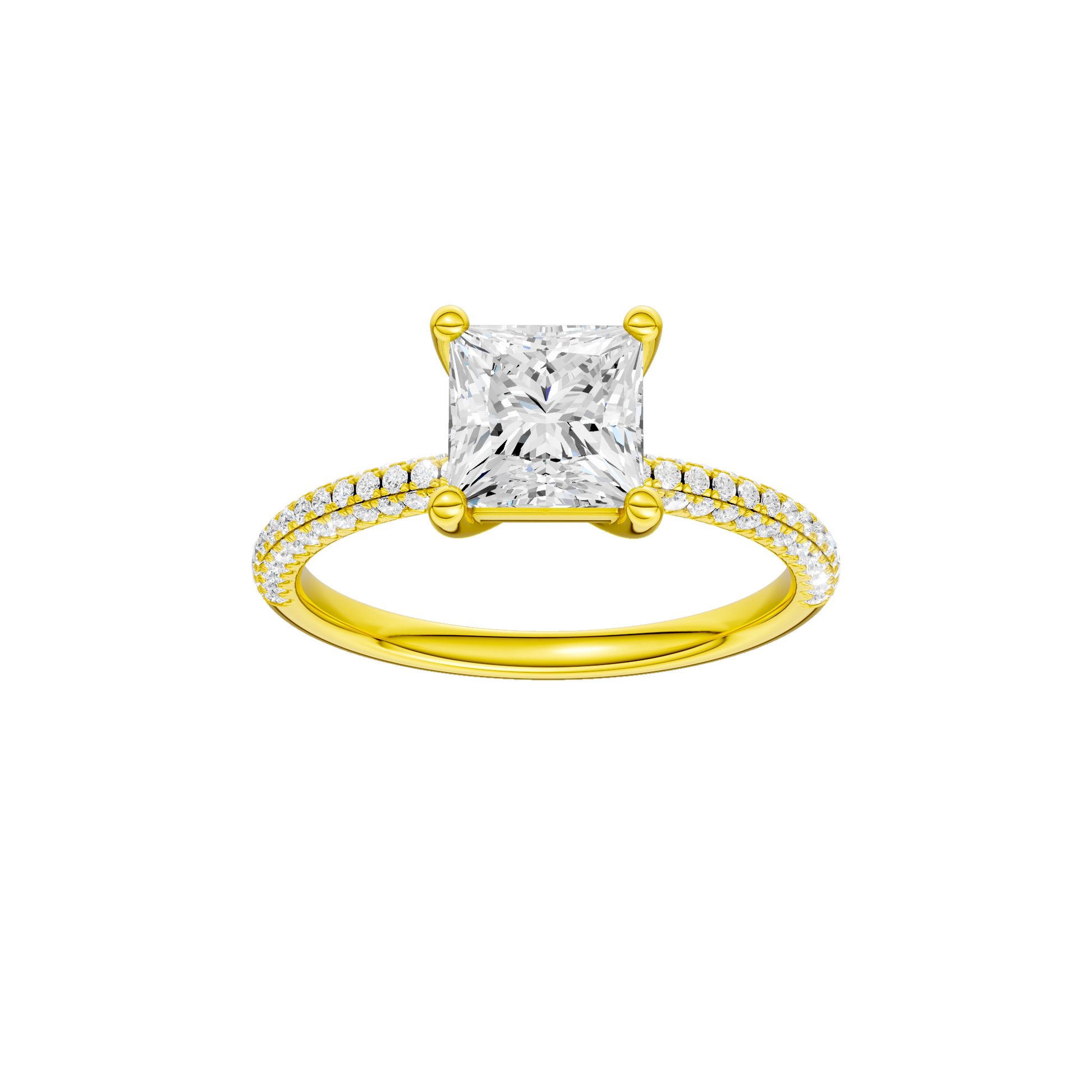 Princess-cut diamond engagement ring with a pavé-set diamond band and solitaire setting.