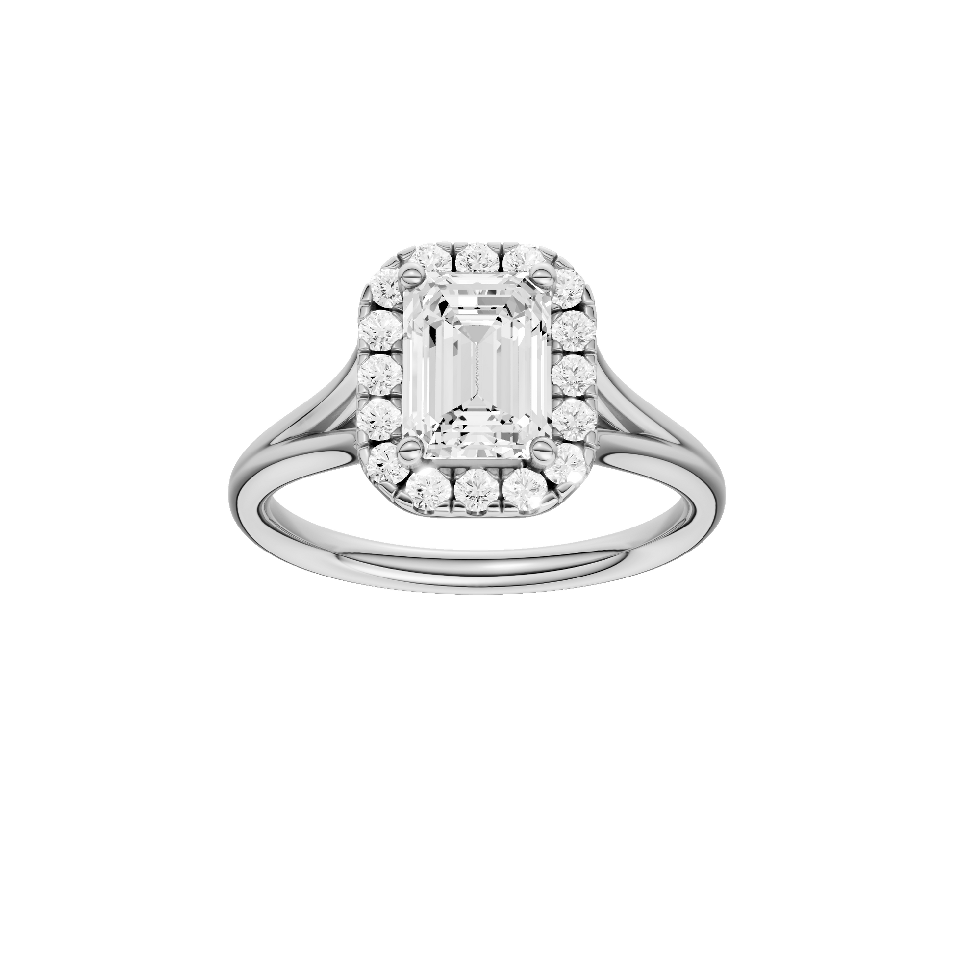 Emerald-cut diamond engagement ring with a plain band and halo setting.