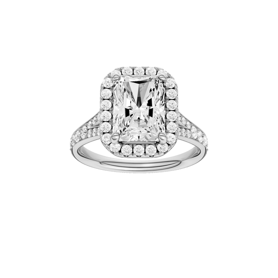 Radiant-cut diamond engagement ring with a channel-set diamond band and halo setting.