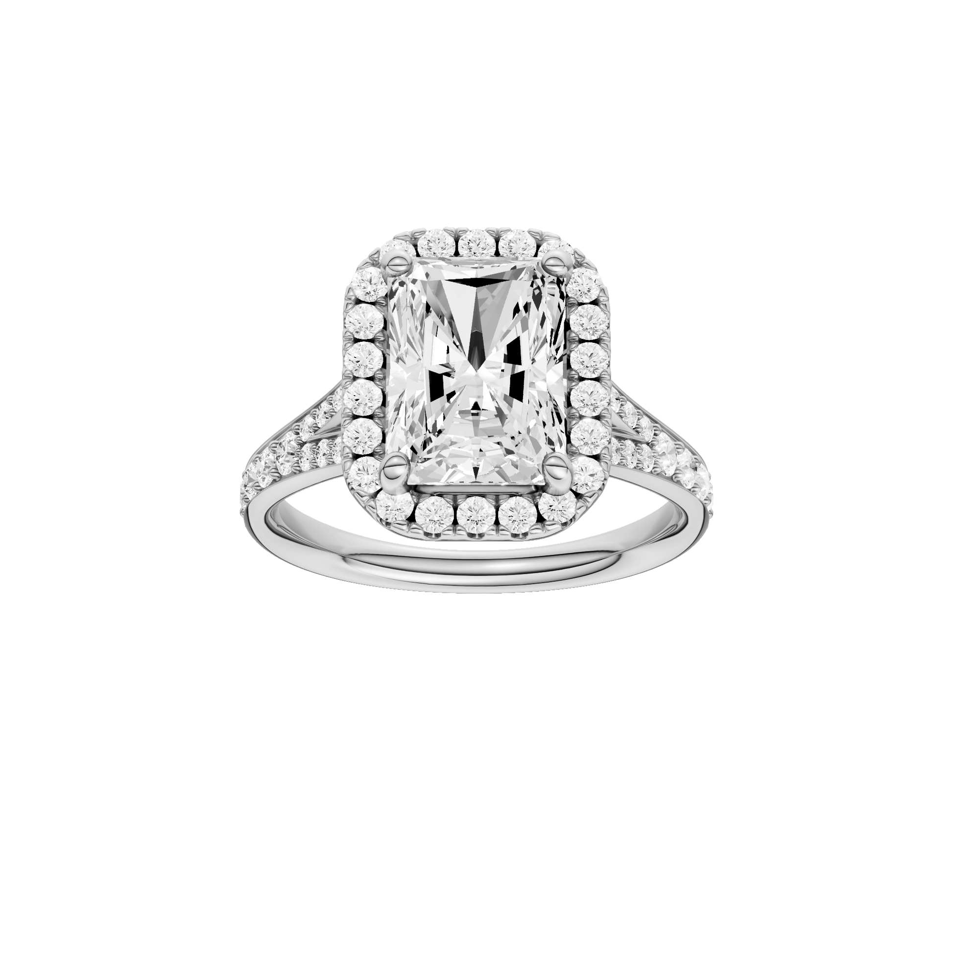 Radiant-cut diamond engagement ring with a channel-set diamond band and halo setting.
