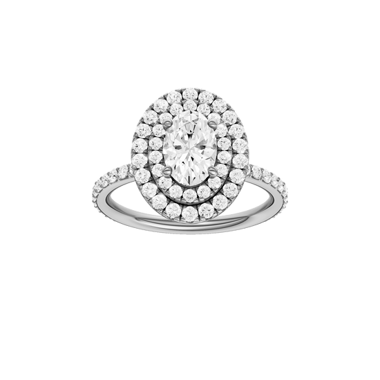 Oval-cut diamond engagement ring with a prong-set diamond band and double-halo setting.