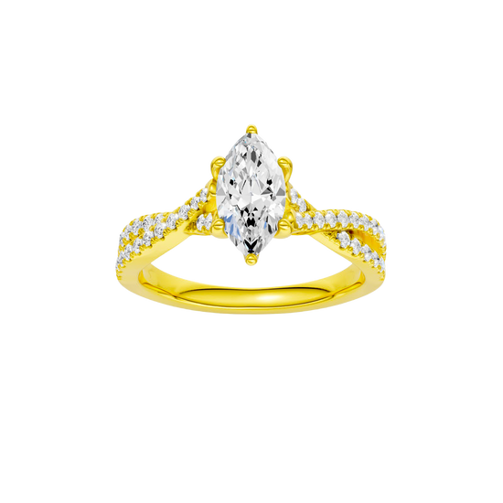 Marquise-cut diamond engagement ring in 14k yellow gold with a prong-set diamond band and twist setting