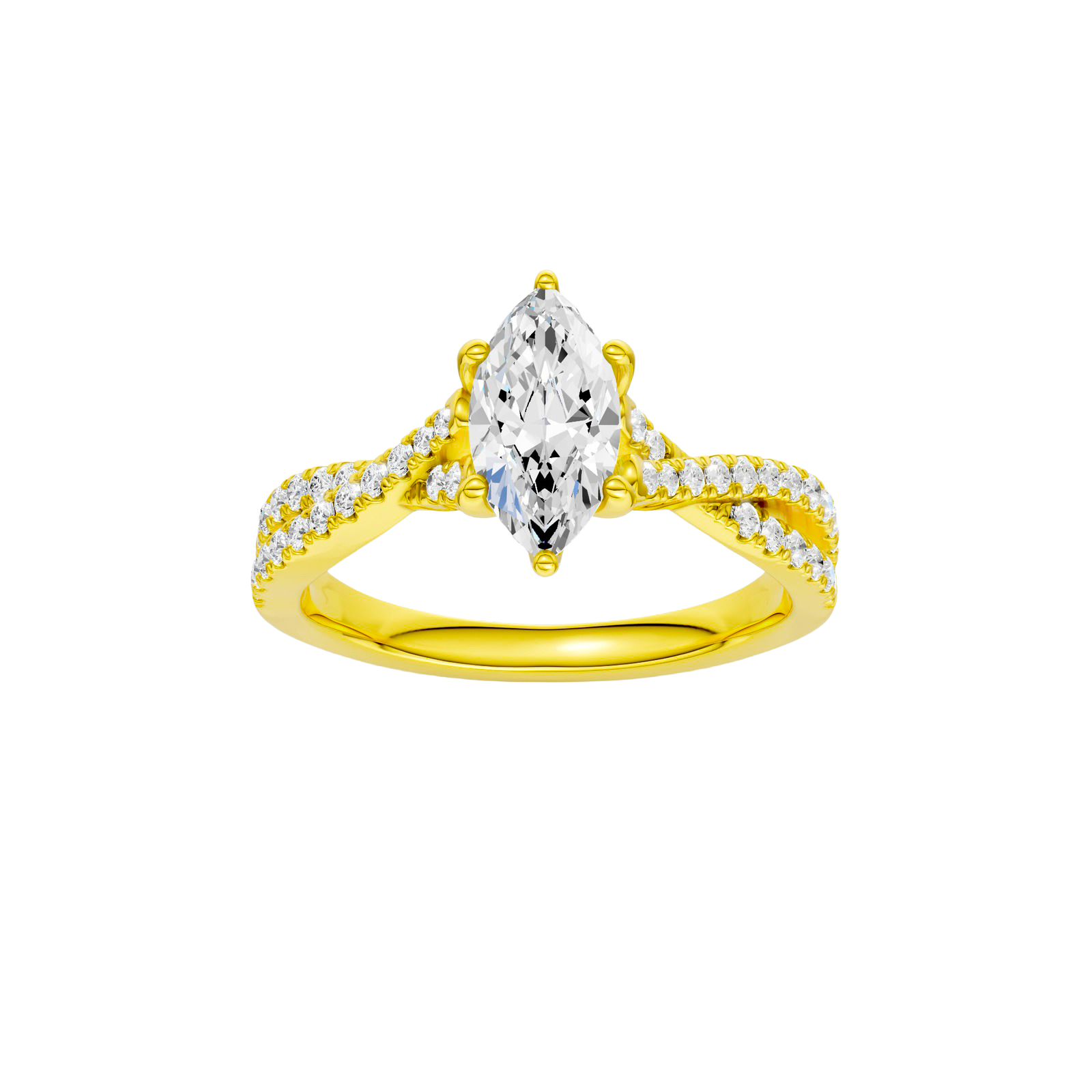 Marquise-cut diamond engagement ring in 14k yellow gold with a prong-set diamond band and twist setting