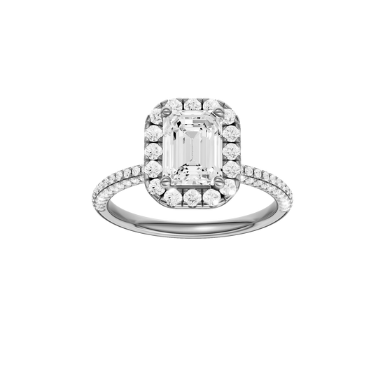 Emerald-cut diamond engagement ring with a pavé-set diamond band and halo setting.