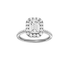 Emerald-cut diamond engagement ring with a pavé-set diamond band and halo setting.