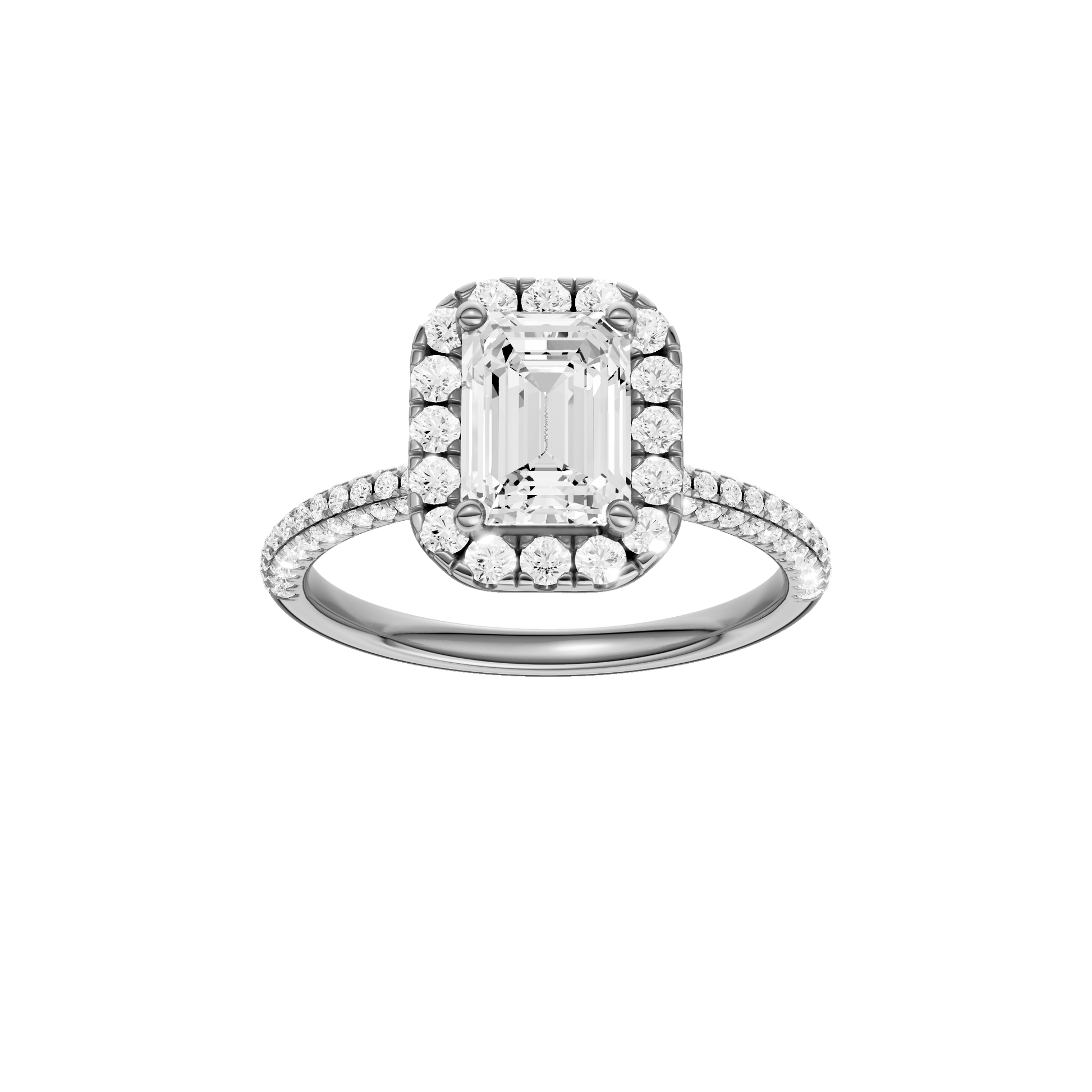 Emerald-cut diamond engagement ring with a pavé-set diamond band and halo setting.