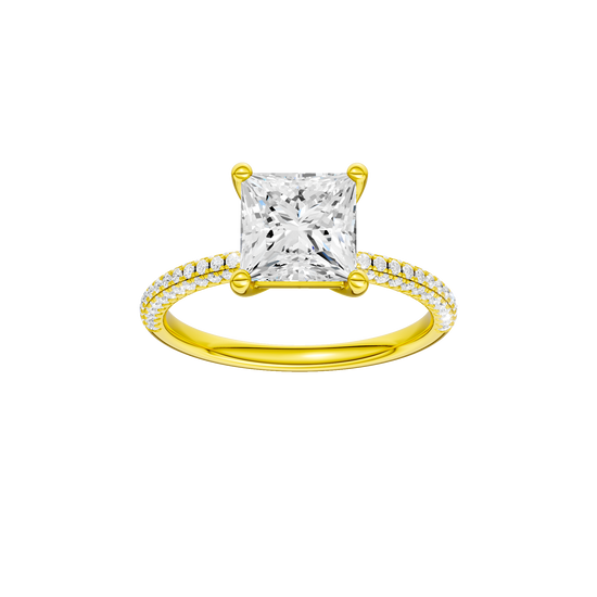 Princess-cut diamond engagement ring with a pavé-set diamond band and solitaire setting.