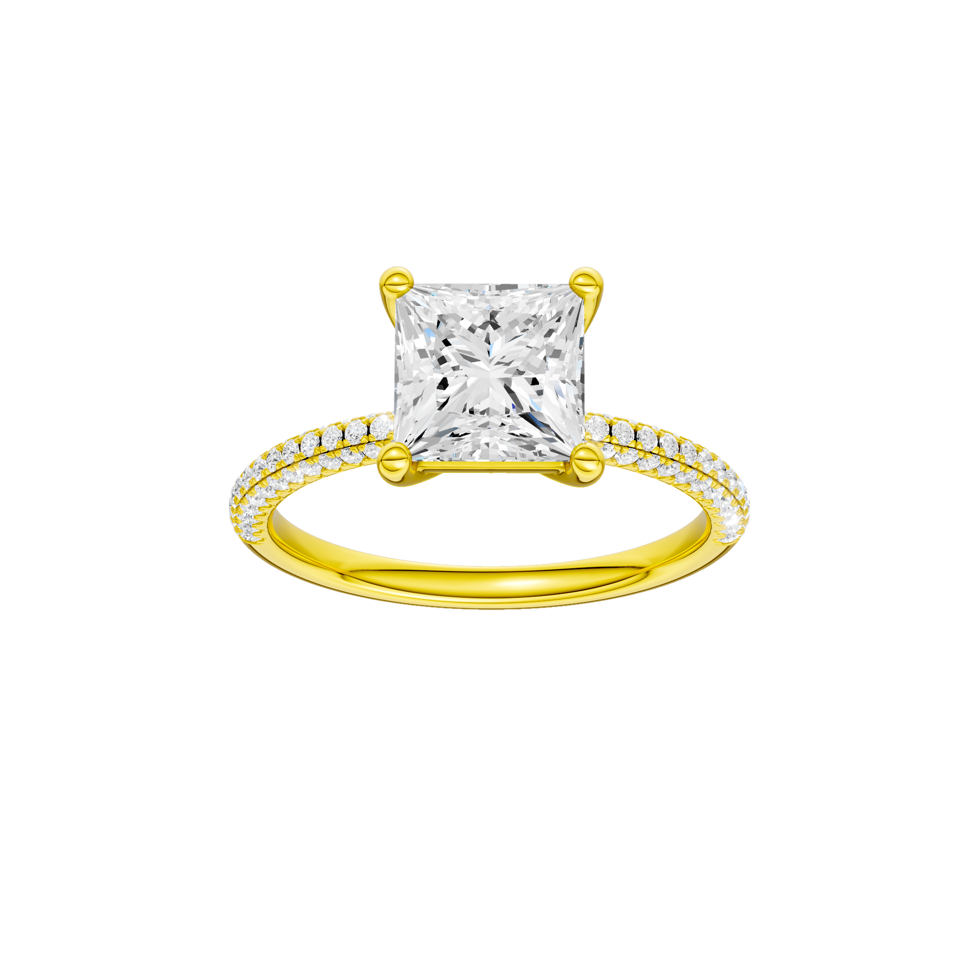 Princess-cut diamond engagement ring with a pavé-set diamond band and solitaire setting.