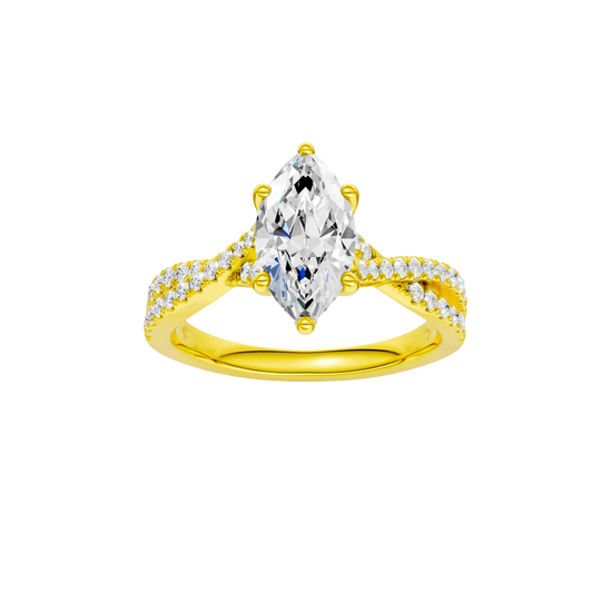 Marquise-cut diamond engagement ring in 14k yellow gold with a prong-set diamond band and twist setting
