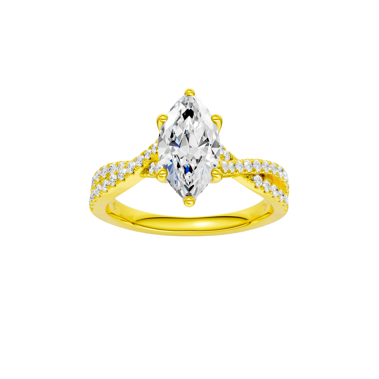 Marquise-cut diamond engagement ring in 14k yellow gold with a prong-set diamond band and twist setting