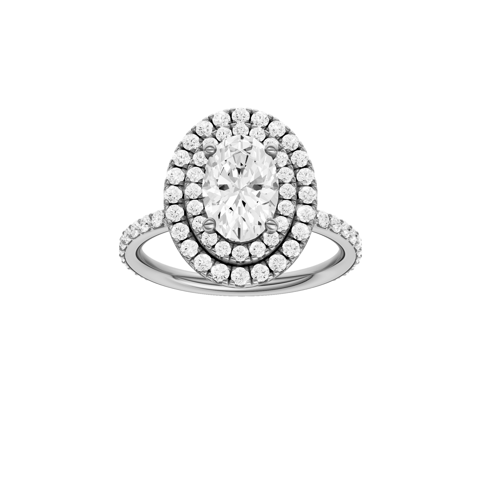 Oval-cut diamond engagement ring with a prong-set diamond band and double-halo setting.
