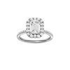 Emerald-cut diamond engagement ring with a pavé-set diamond band and halo setting.