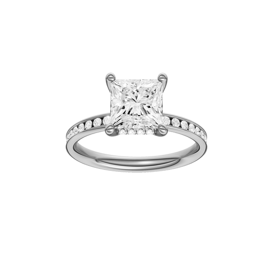 Princess-cut diamond engagement ring with a channel-set diamond band and hidden-halo setting.