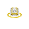 Princess-cut diamond engagement ring with a plain band and double-halo setting.