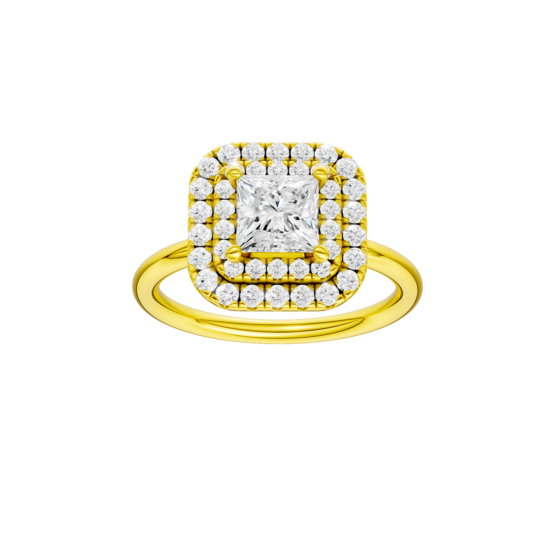 Princess-cut diamond engagement ring with a plain band and double-halo setting.