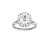 Elongated cushion-cut diamond engagement ring with a prong-set diamond band and halo setting.
