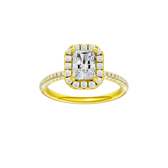 Radiant-cut diamond engagement ring with a pavé-set diamond band and halo setting.