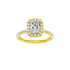 Radiant-cut diamond engagement ring with a pavé-set diamond band and halo setting.