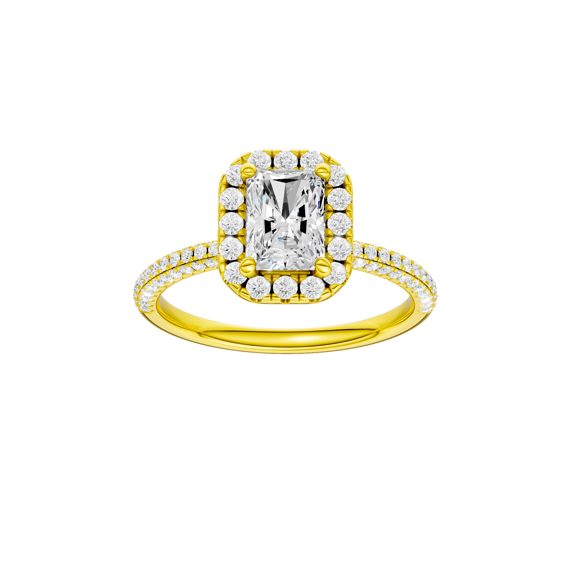 Radiant-cut diamond engagement ring with a pavé-set diamond band and halo setting.