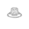 Emerald-cut diamond engagement ring with a plain band and halo setting.