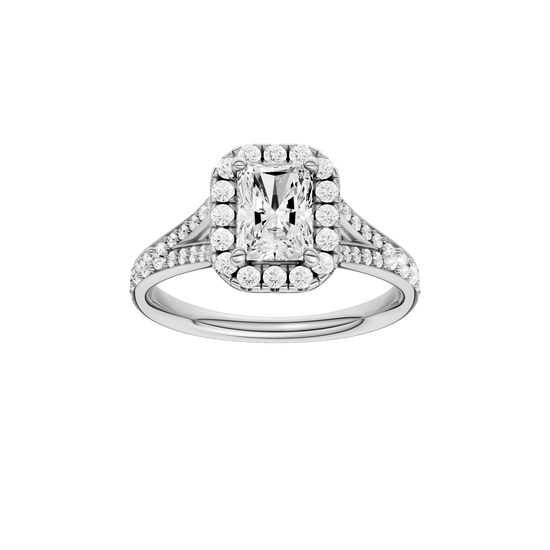Radiant-cut diamond engagement ring with a channel-set diamond band and halo setting.