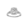 Radiant-cut diamond engagement ring with a channel-set diamond band and halo setting.