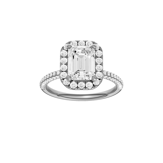 Emerald-cut diamond engagement ring with a pavé-set diamond band and halo setting.