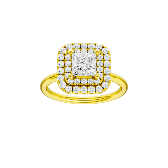 Princess-cut diamond engagement ring with a plain band and double-halo setting.