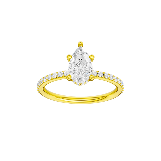 Pear-cut diamond engagement ring with a prong-set diamond band and hidden-halo setting.