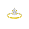 Pear-cut diamond engagement ring with a prong-set diamond band and hidden-halo setting.