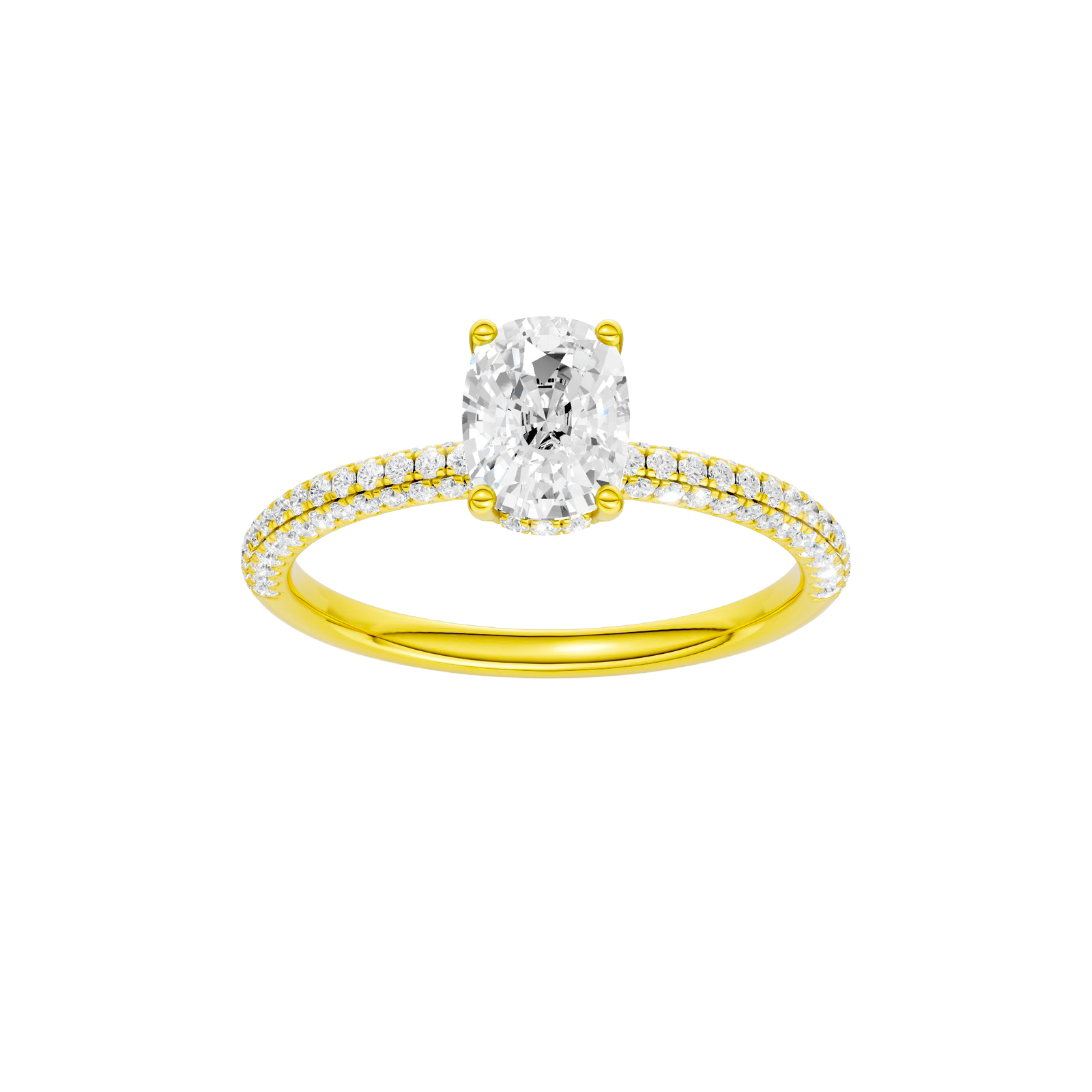Elongated cushion-cut diamond engagement ring with a pavé-set diamond band and hidden-halo setting.
