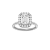 Emerald-cut diamond engagement ring with a pavé-set diamond band and halo setting.