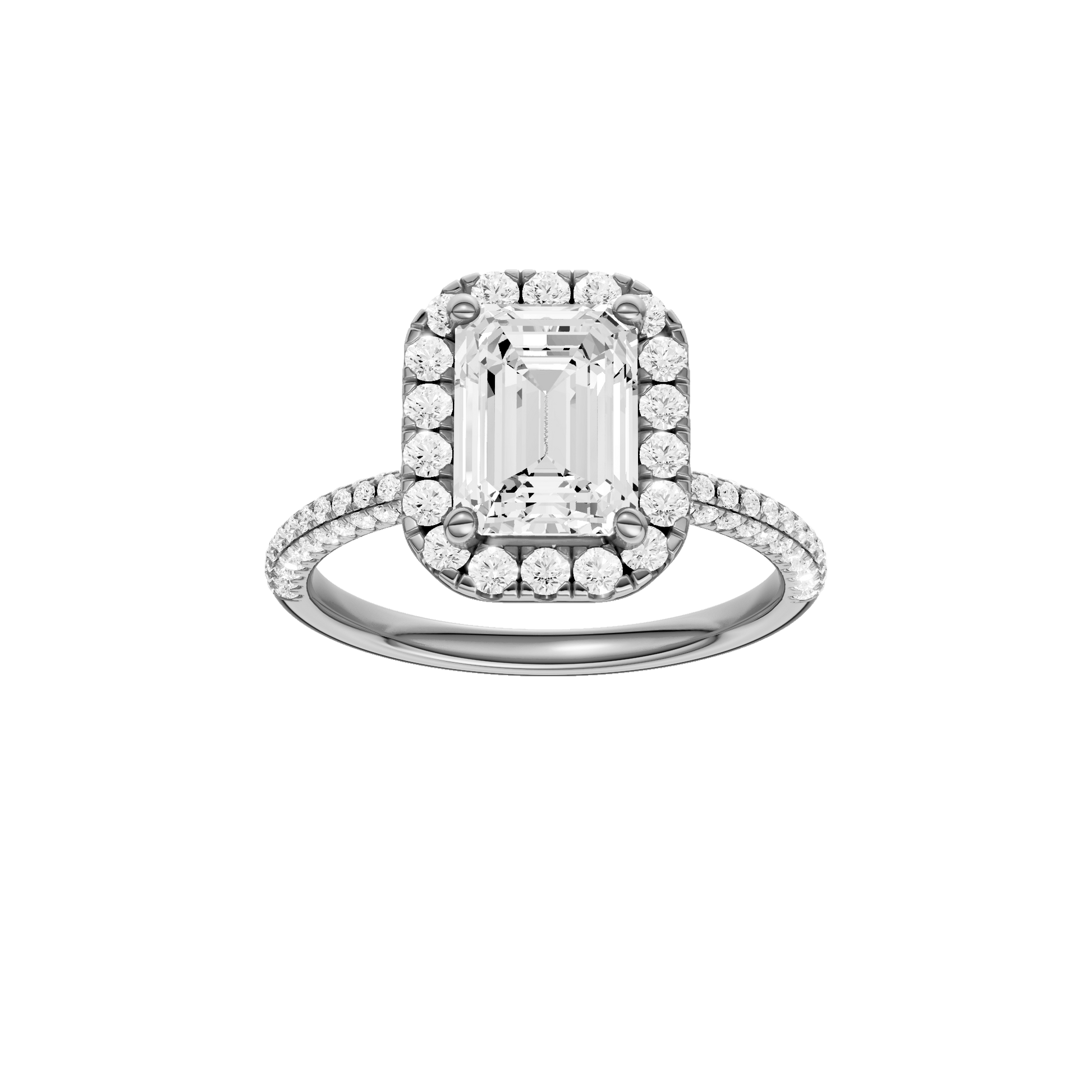 Emerald-cut diamond engagement ring with a pavé-set diamond band and halo setting.
