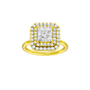 Princess-cut diamond engagement ring with a plain band and double-halo setting.
