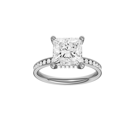 Princess-cut diamond engagement ring with a channel-set diamond band and hidden-halo setting.