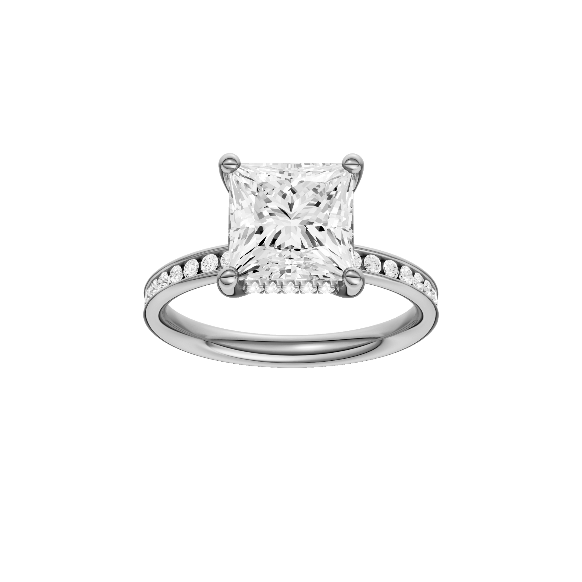 Princess-cut diamond engagement ring with a channel-set diamond band and hidden-halo setting.