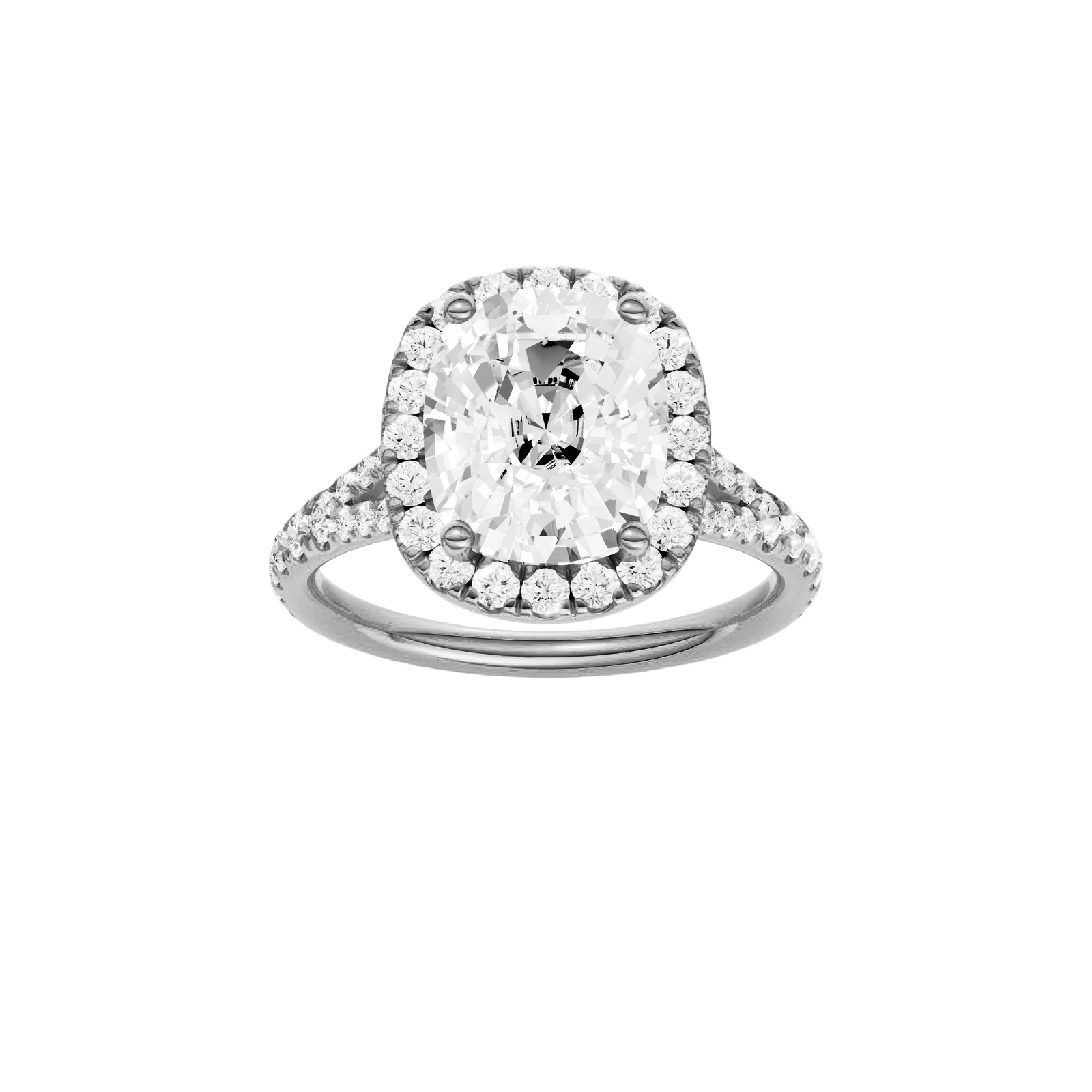 Elongated cushion-cut diamond engagement ring with a prong-set diamond band and halo setting.