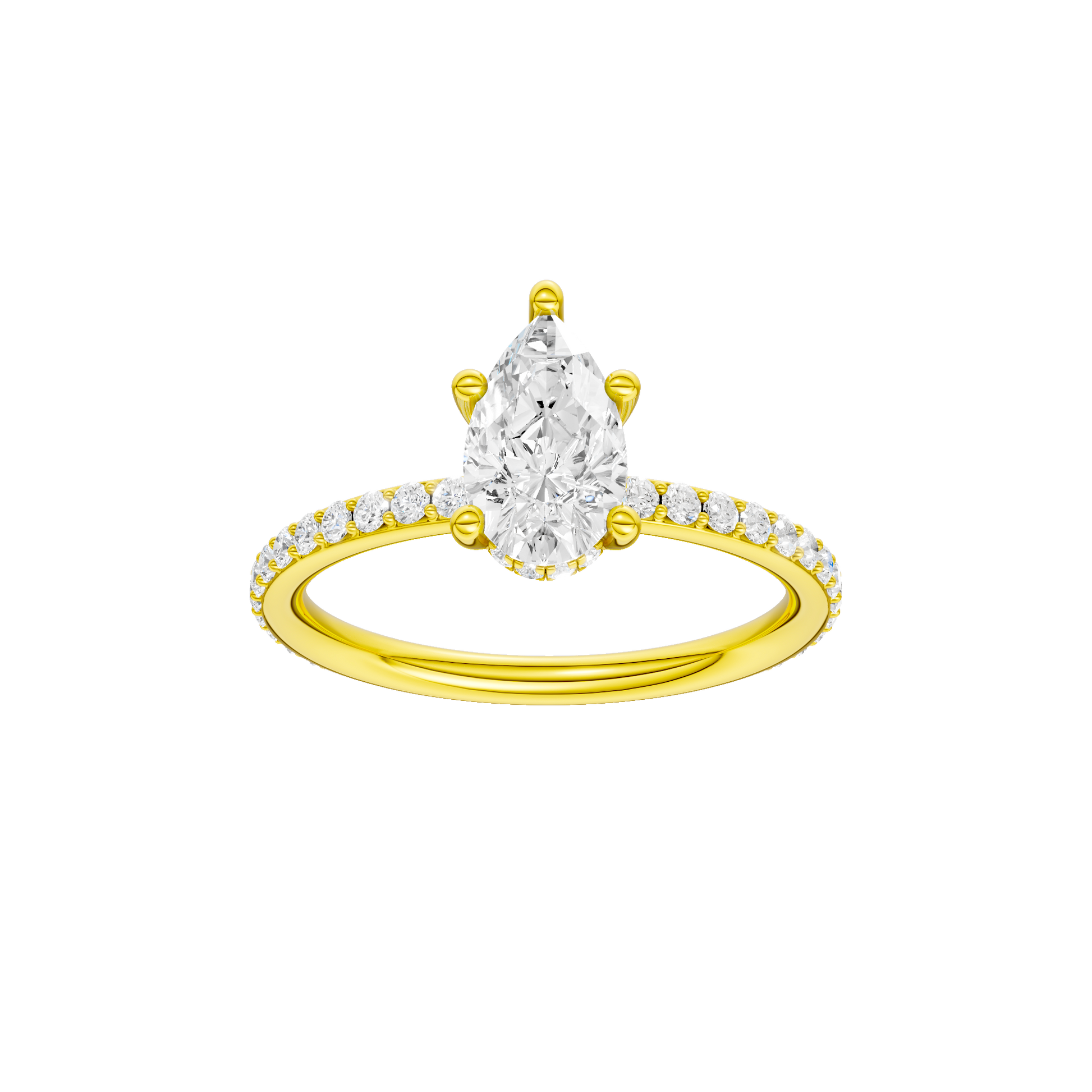 Pear-cut diamond engagement ring with a prong-set diamond band and hidden-halo setting.