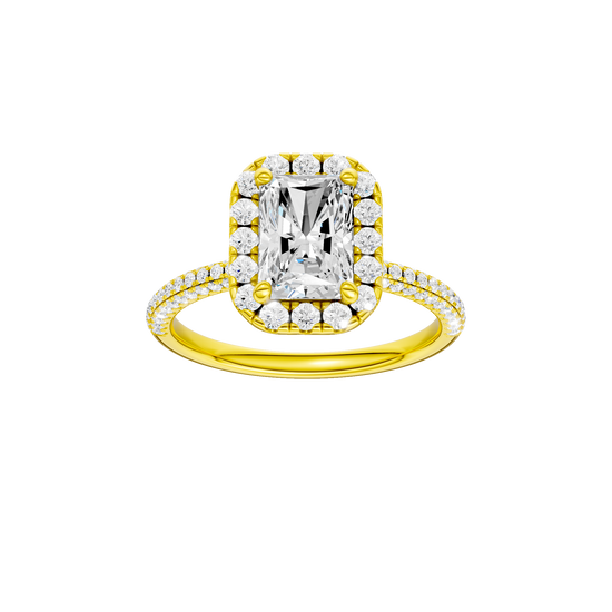 Radiant-cut diamond engagement ring with a pavé-set diamond band and halo setting.