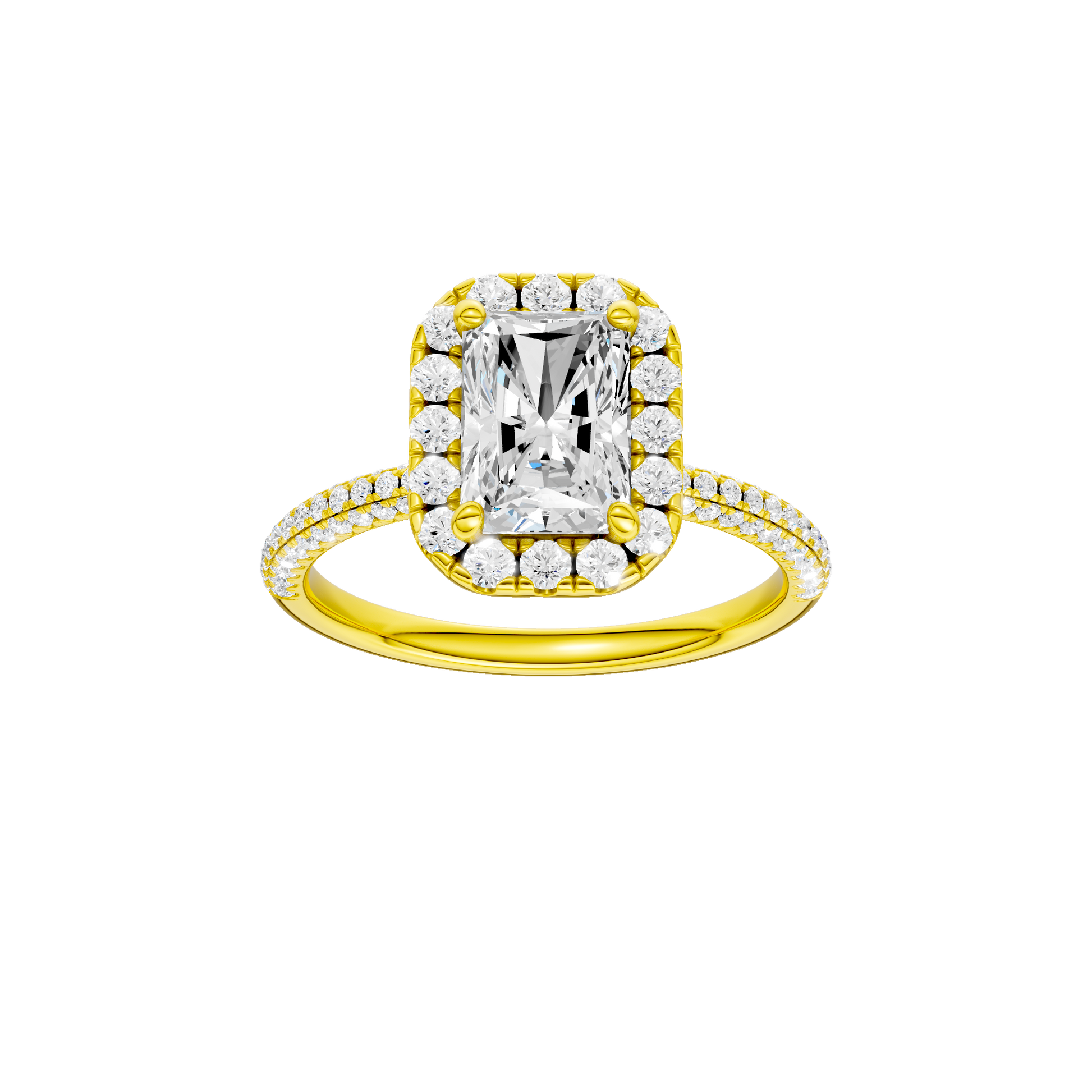 Radiant-cut diamond engagement ring with a pavé-set diamond band and halo setting.