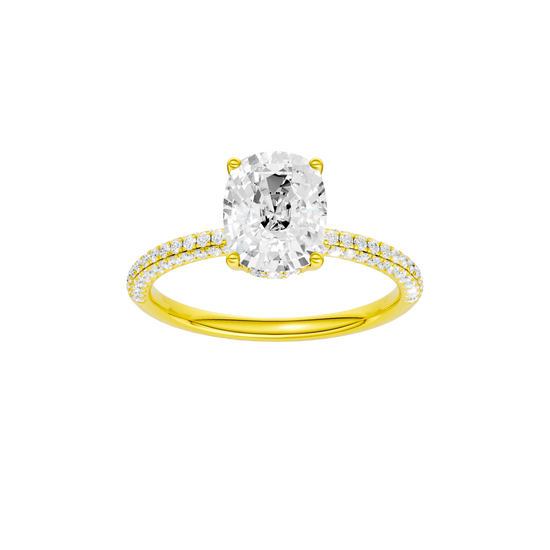 Elongated cushion-cut diamond engagement ring with a pavé-set diamond band and hidden-halo setting.